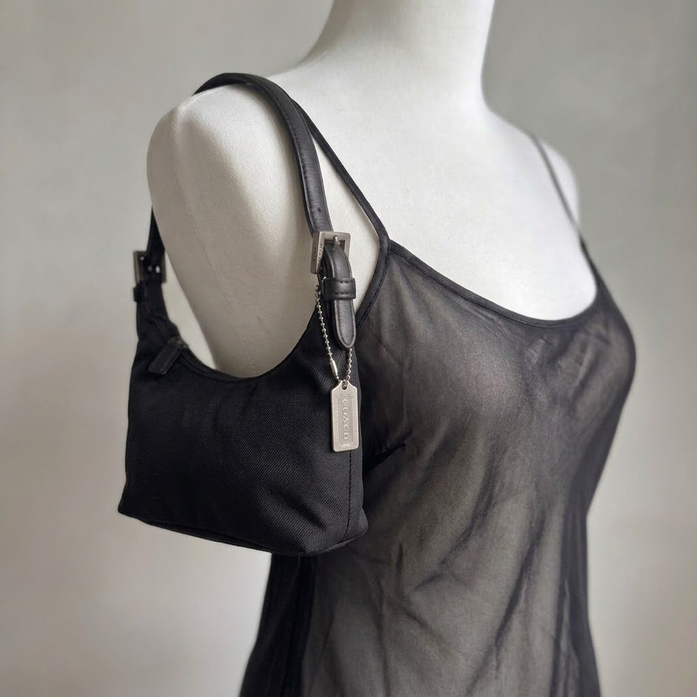 Coach Black Twill Leather Trim Mini Demi Baguette Hobo Bag 7428 Y2K Vintage